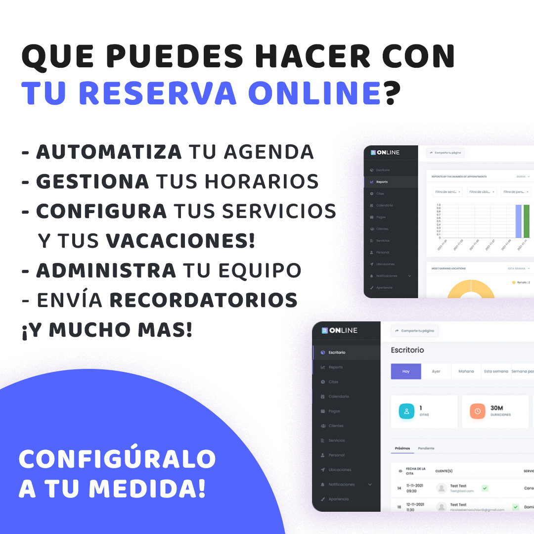Flyer descriptivo de las funcionalidades de plataforma de reserva de turnos online